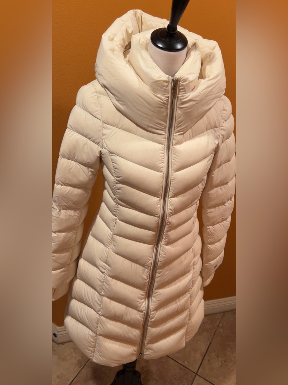 Soia & Kyo | Lita Hooded Cream Long Women's Puffer Coat with High Collar Small